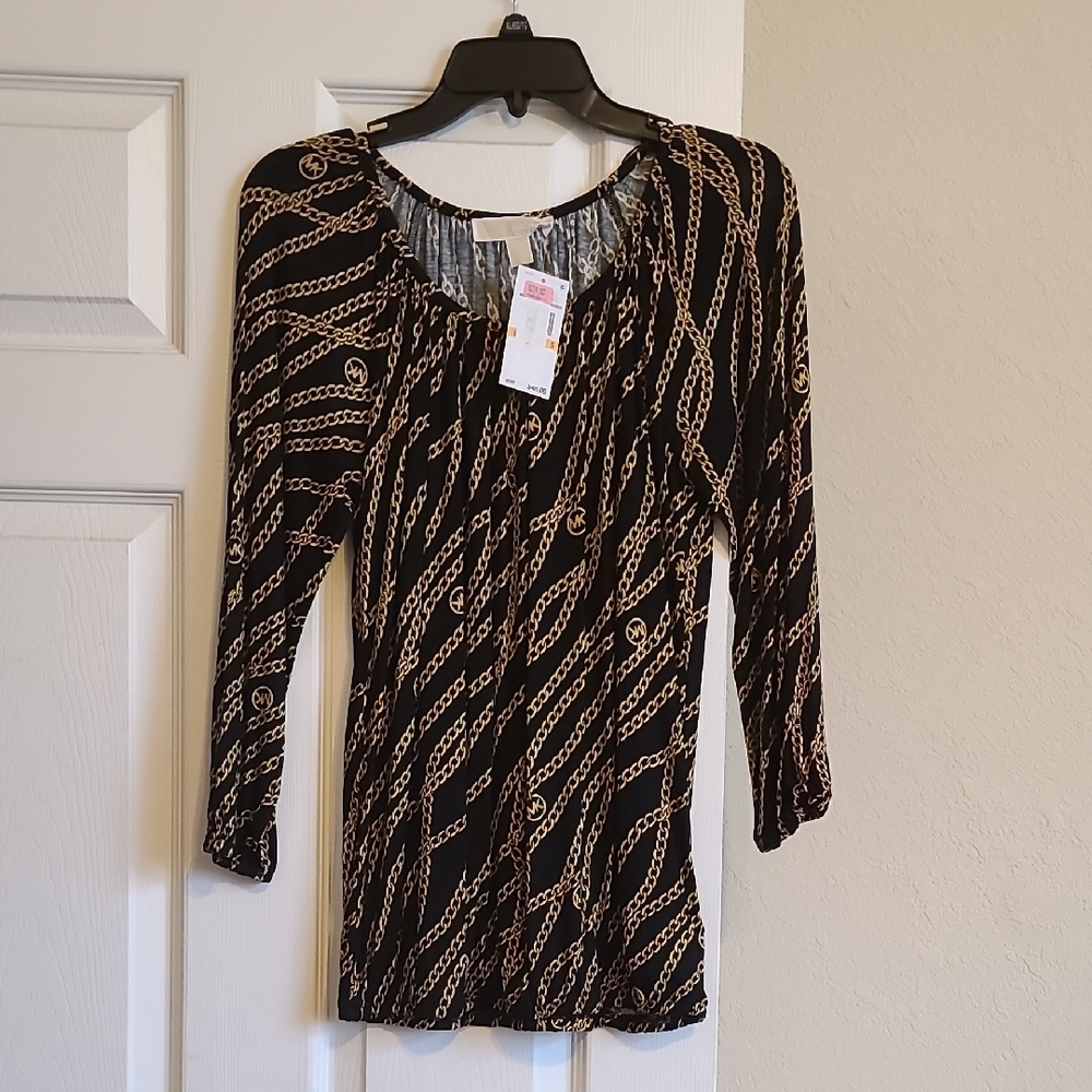 Michael Kors Tan Black Sheath Blouse with Cuffed Sleeves